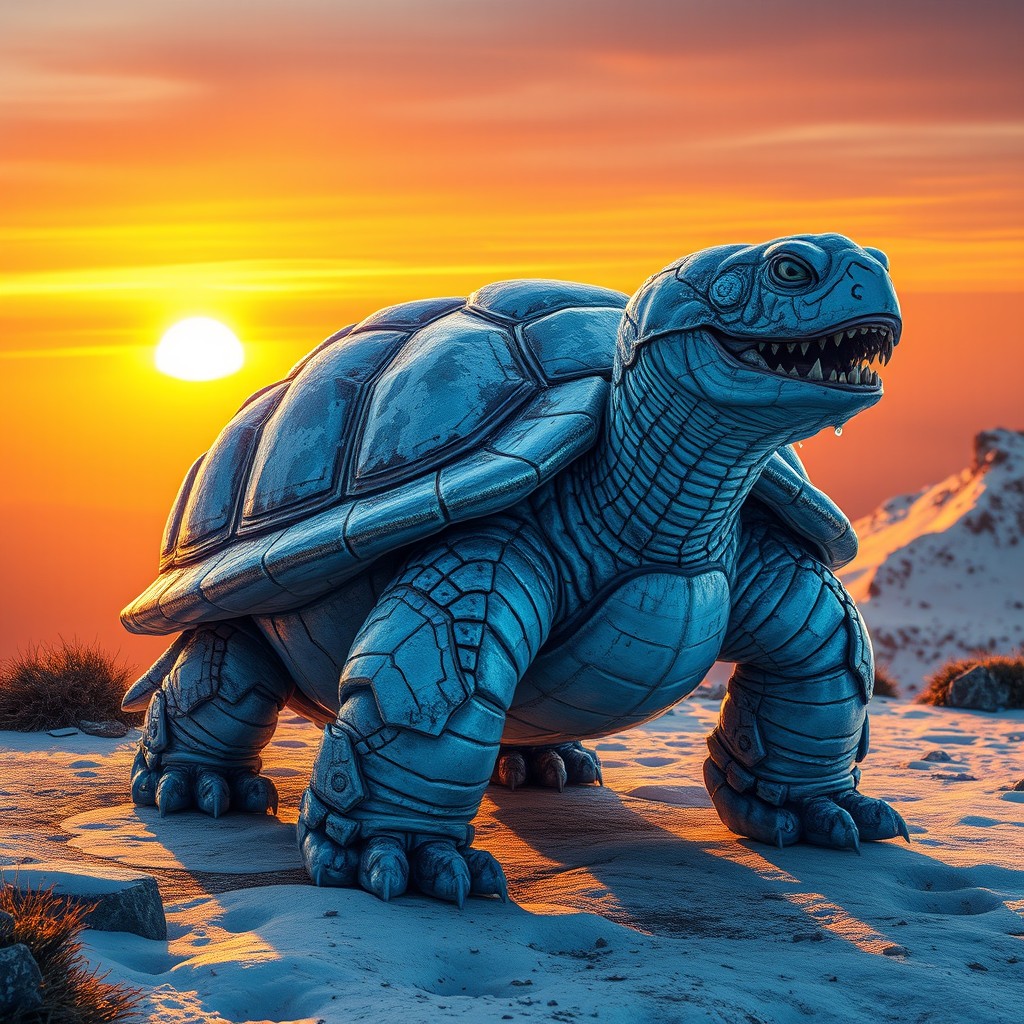 A majestic turtle-like beast, its formidable body protected by a frozen iron shell that glistens in the sunlight
