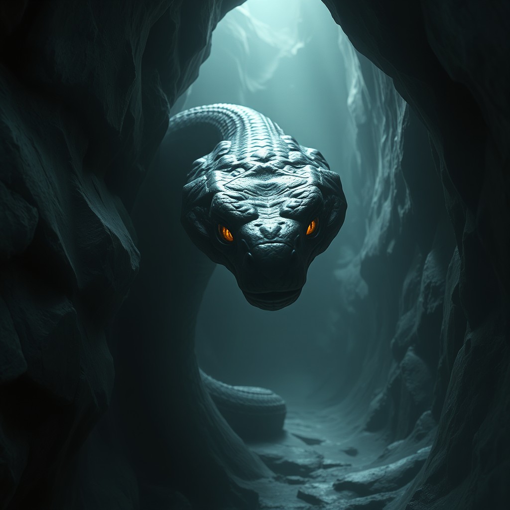 A mysterious serpent emerging from the shadows, its sleek body capable of slithering effortlessly through walls