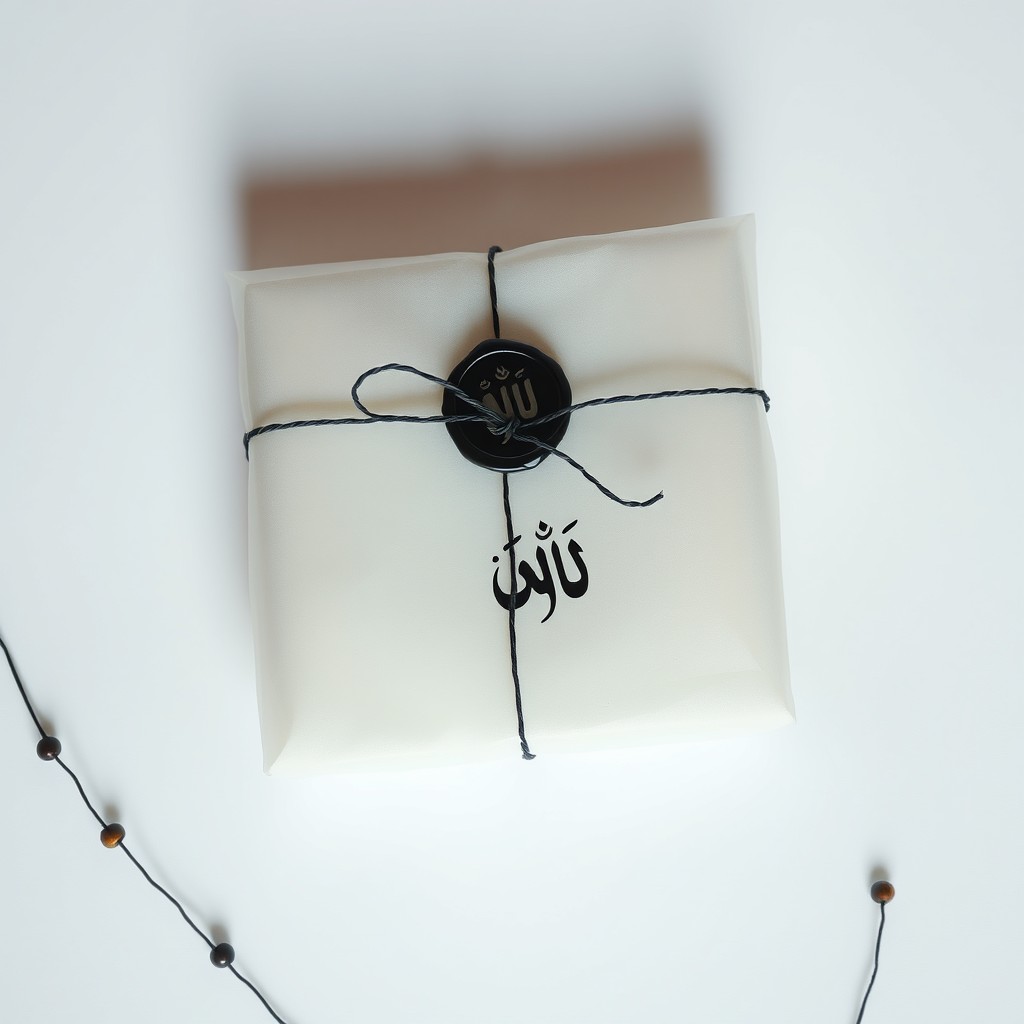A delicate poetic gift wrapping made of translucent vellum paper (kaghaz-e poosti), elegantly tied with thin twine or black string, featuring a dark wax seal adorned with Persian calligraphy logo (Ravaq-e Yaar)