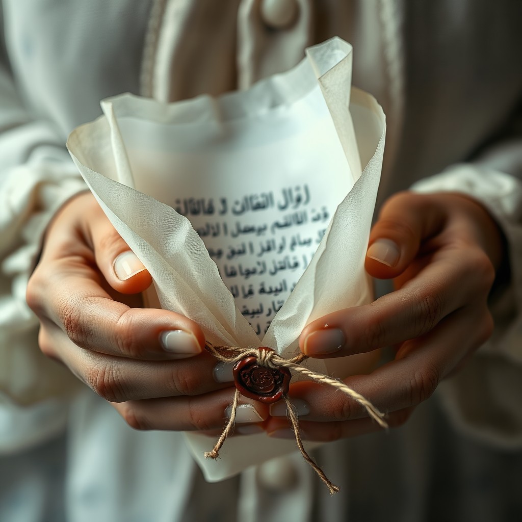 A close-up shot of hands gently unwrapping translucent vellum paper that is tied with thin twine, revealing an intricate handwritten Persian poem inside