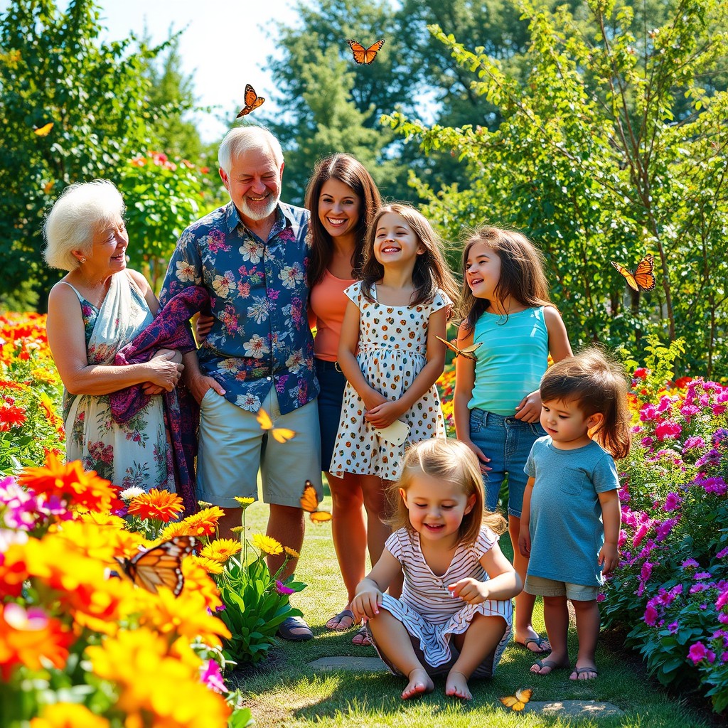A vibrant family tableau featuring a diverse group of family members, smiling and enjoying a sunny day in a lush garden
