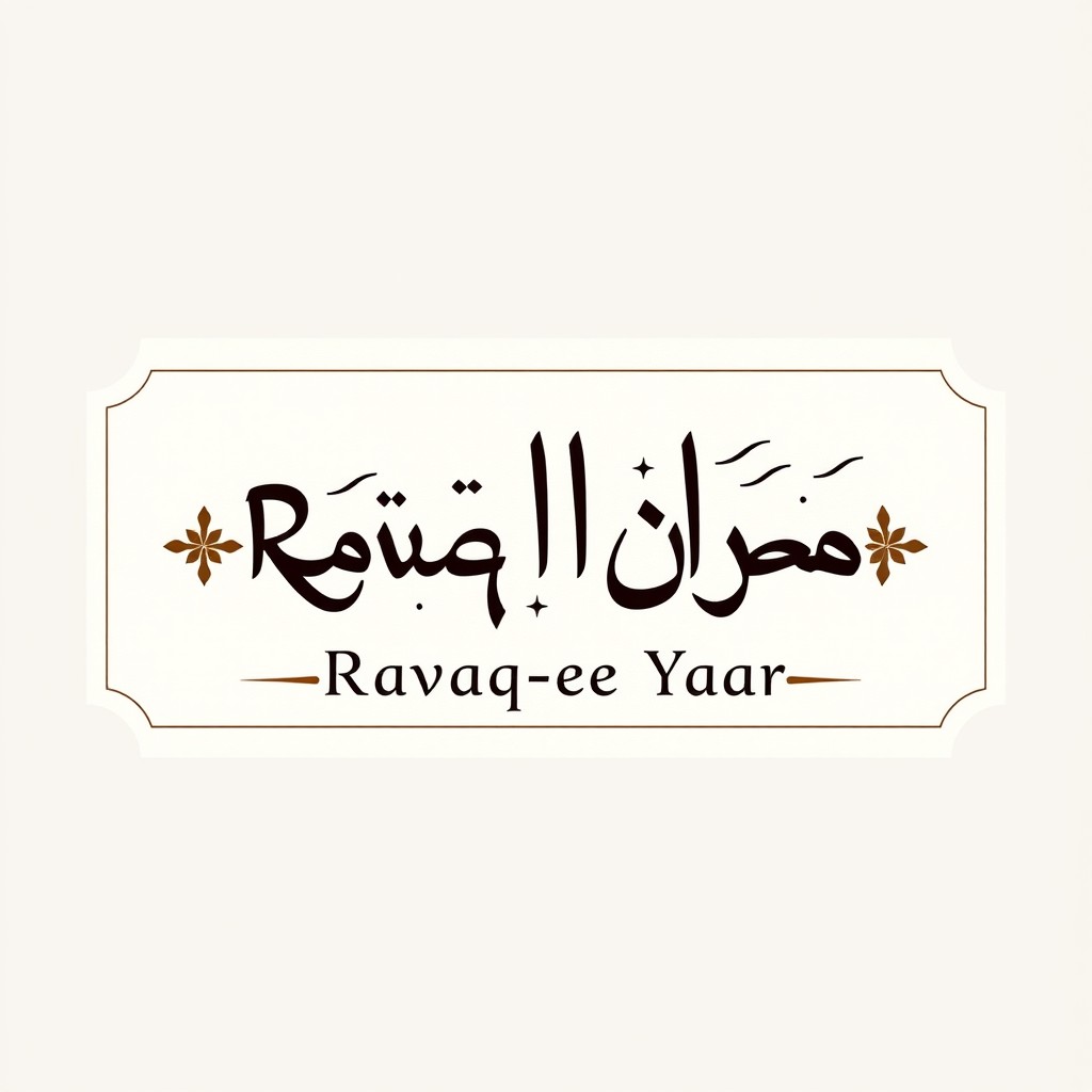 A minimalist rectangular label design featuring Persian calligraphy logo that reads 'Ravaq-e Yaar' in dark hues, set against a translucent vellum background