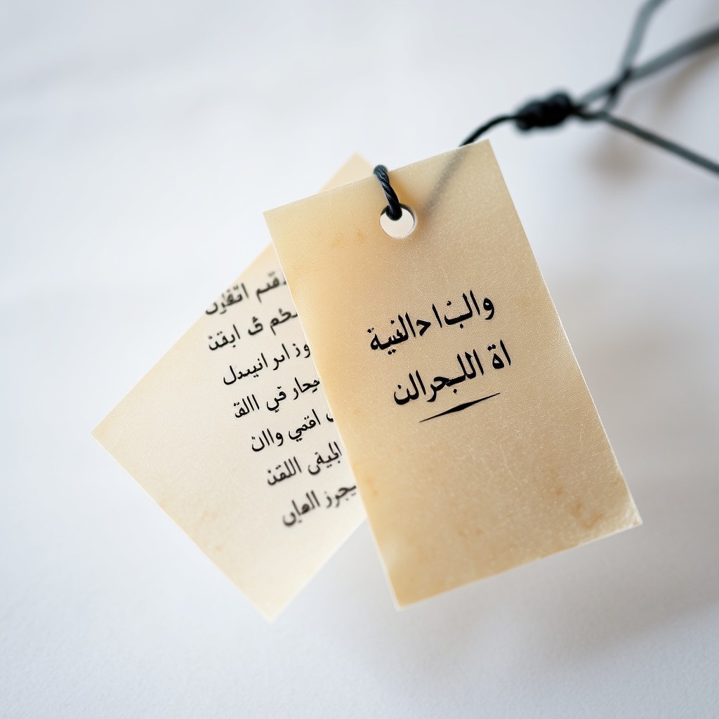 A small, rectangular tag made from translucent vellum, showcasing a beautiful handwritten Persian poem excerpt on one side