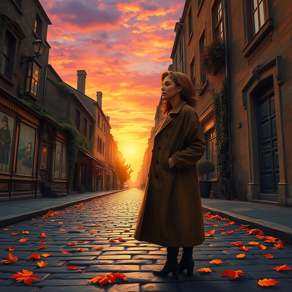 A poignant street scene depicting a woman in an oversized, stylish coat standing alone on a cobbled street, embodying solitude and poetry