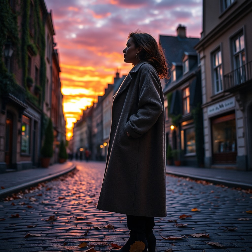 A deeply reflective street scene featuring a woman in an oversized, stylish coat, embodying the themes of solitude and poetry