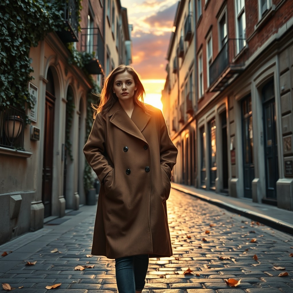 A deeply contemplative street scene featuring a woman walking slowly down a cobblestone street, dressed in a stylish oversized coat, epitomizing themes of solitude and poetry