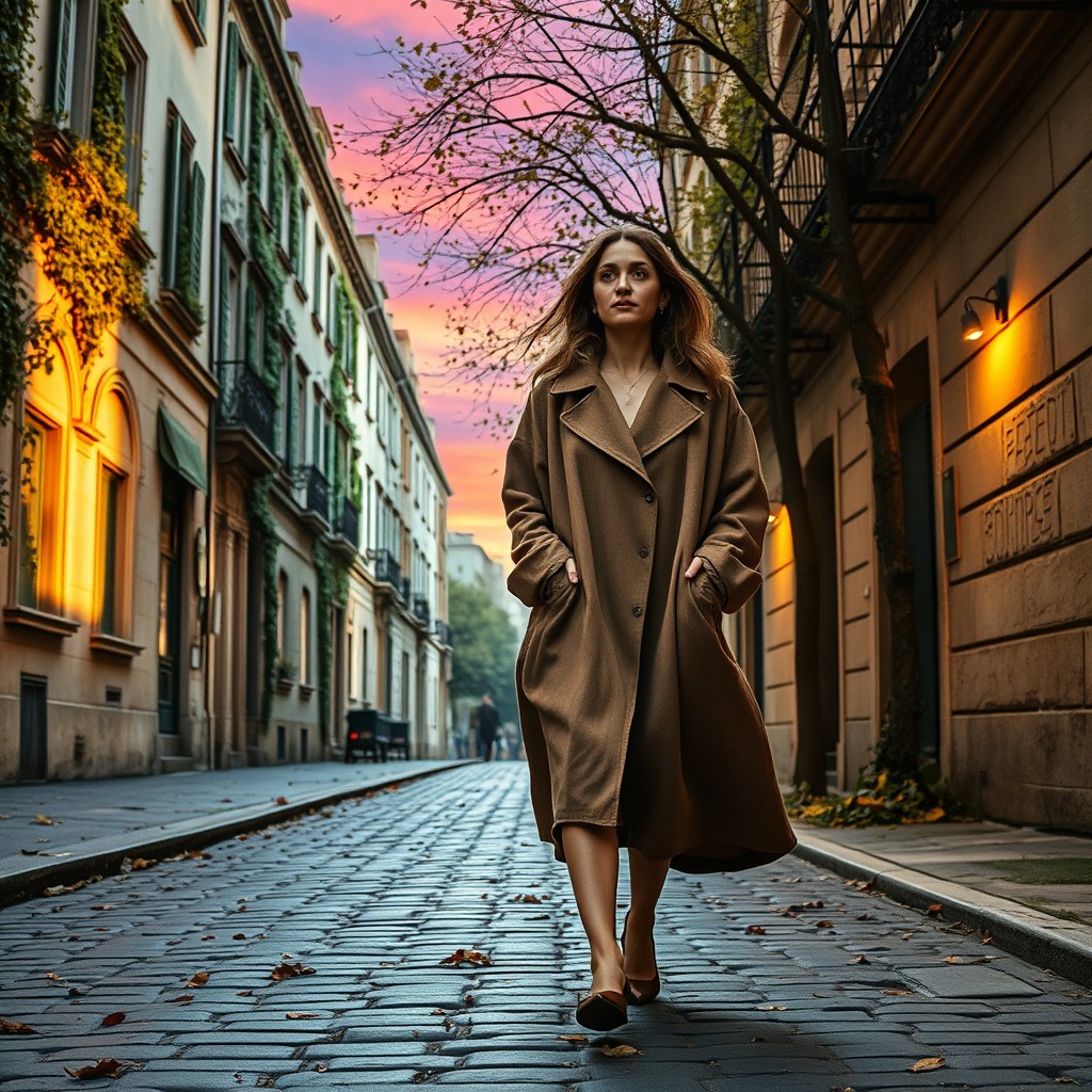 A contemplative scene featuring a woman walking slowly down a cobblestone street, dressed in a flowing, oversized coat that sways gently with her movement