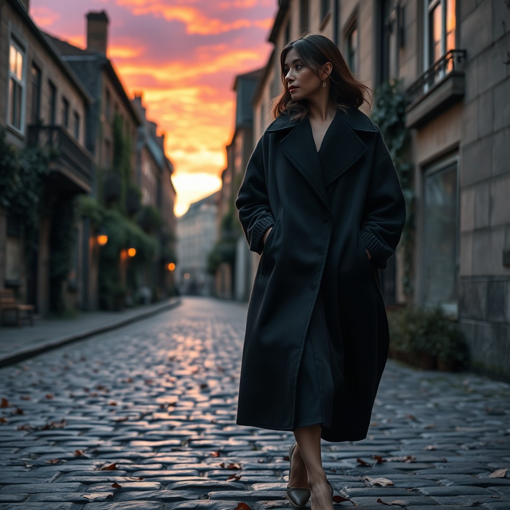 A poignant scene of a woman elegantly walking down a cobblestone street, wrapped in a flowing oversized coat, capturing the essence of solitude and poetic reflection