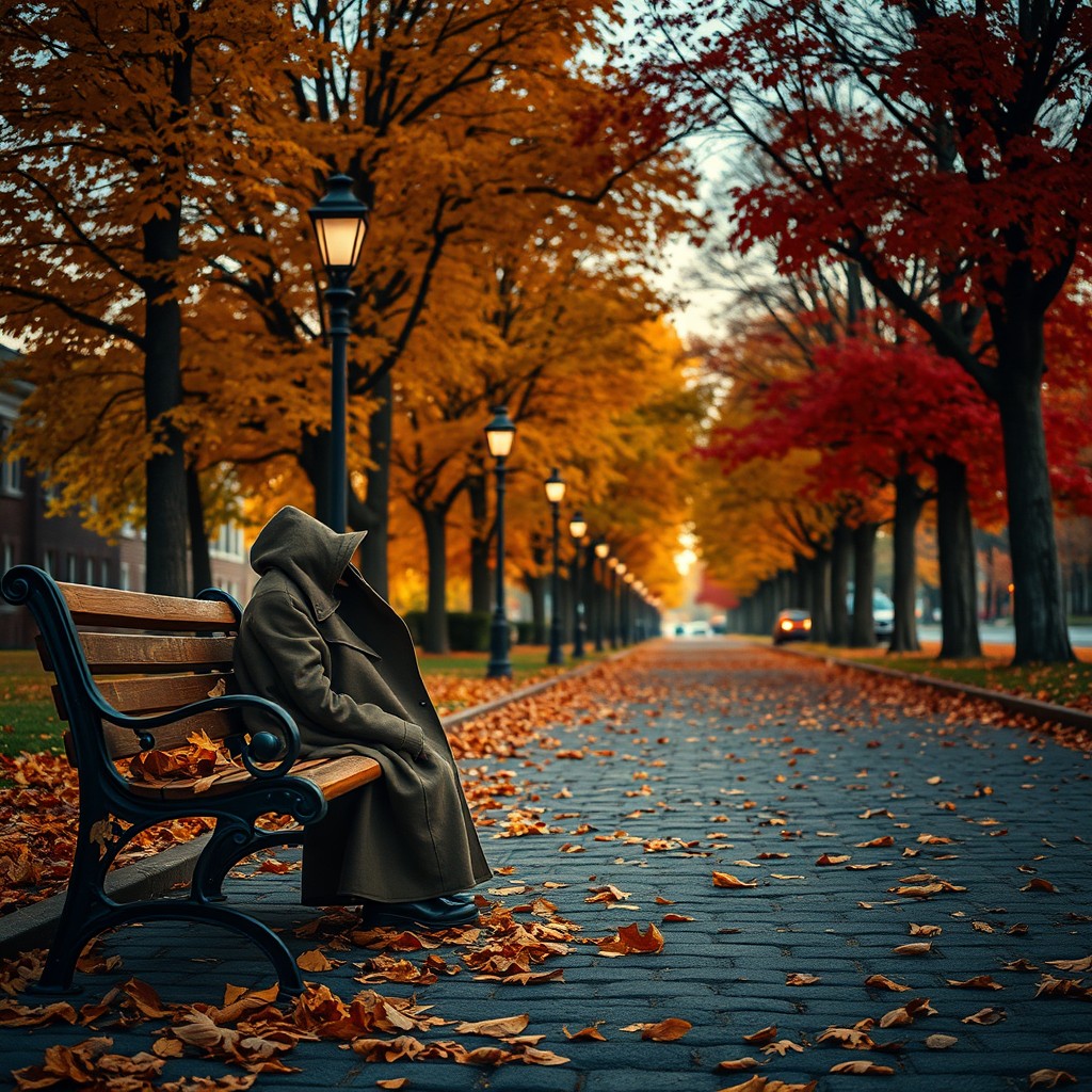 A tranquil autumn scene depicting an empty street adorned with fallen leaves, showcasing the beauty of solitude and poetic inspiration