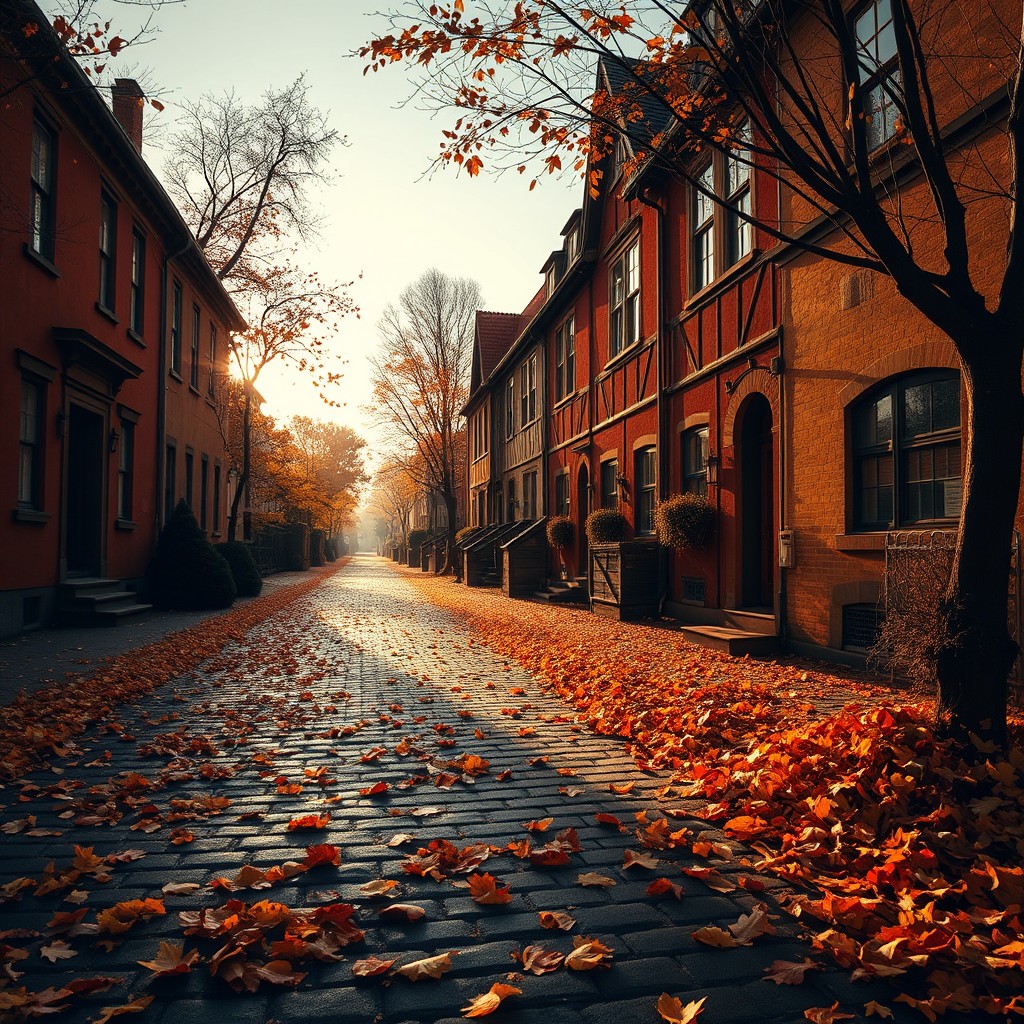 An evocative autumn scene featuring a deserted street lined with quaint houses, each adorned with warm, inviting colors of the fall season