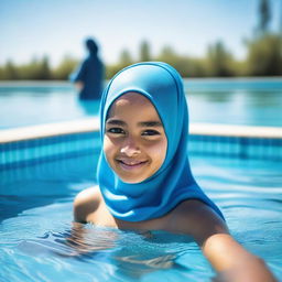 A young girl wearing a hijab, swimming in a vibrant blue pool during a sunny day.