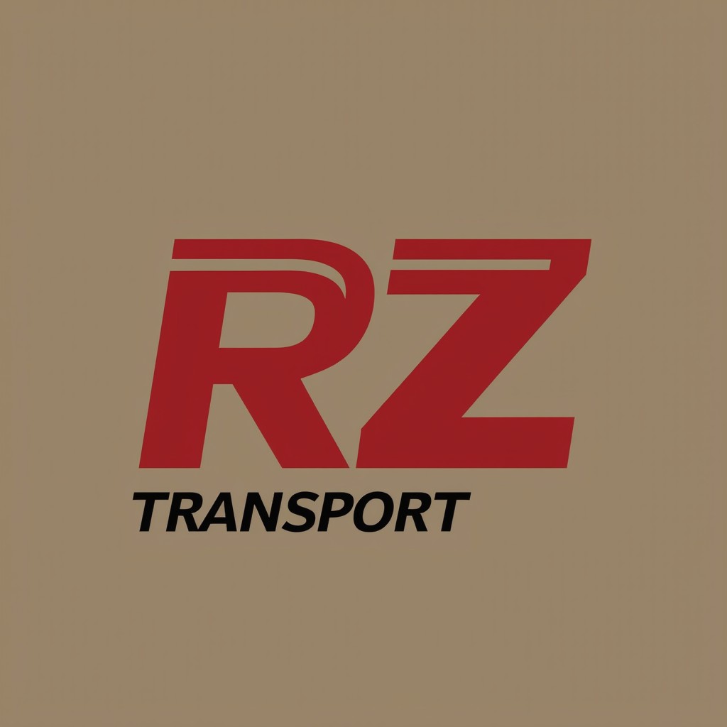 A minimalist logo design for Rz Transport featuring only letters and a symbol, primarily in red and black colors