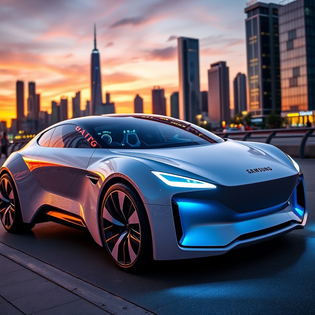 A futuristic Samsung-branded car parked in an urban setting, featuring sleek lines and a high-tech design, illuminated by colorful LED lights