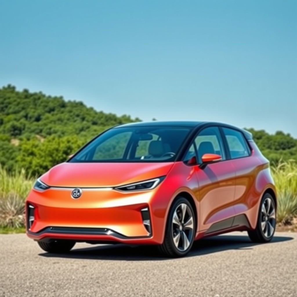 An innovative LG-branded car parked in a serene landscape, showcasing a modern and aerodynamic design with elegant curves and a sleek silhouette
