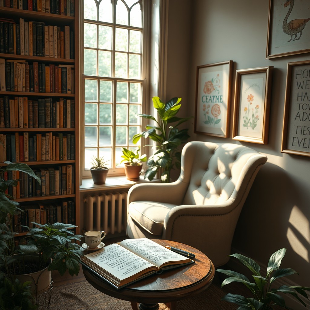 An intimate space designed to shelter and cradle poetry, envisioned as a cozy corner in a tranquil library