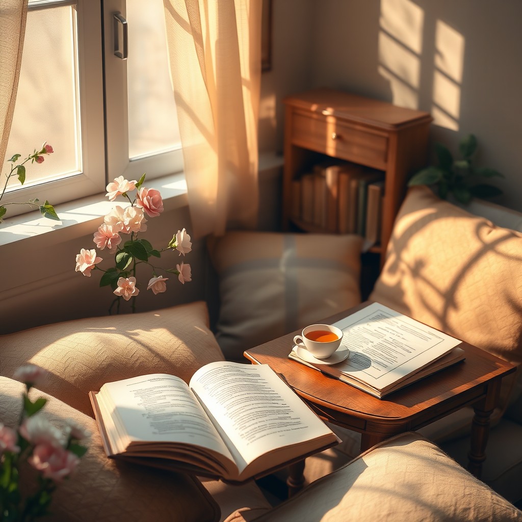 An enchanting scene capturing the essence of poetry, featuring a cozy, warm space filled with books and soft, ambient lighting