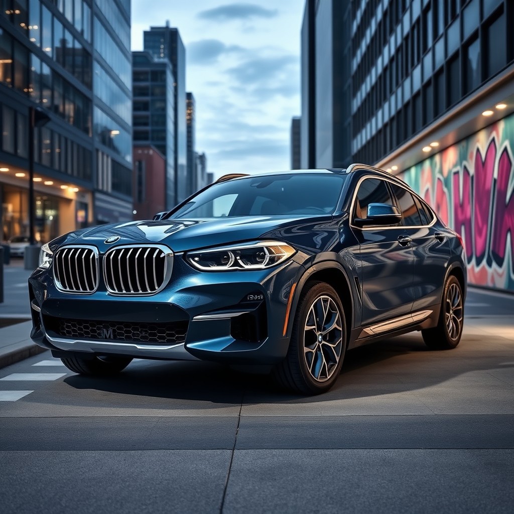 The 2026 BMW iX4, an electric SUV, displayed in an urban environment under the evening lights
