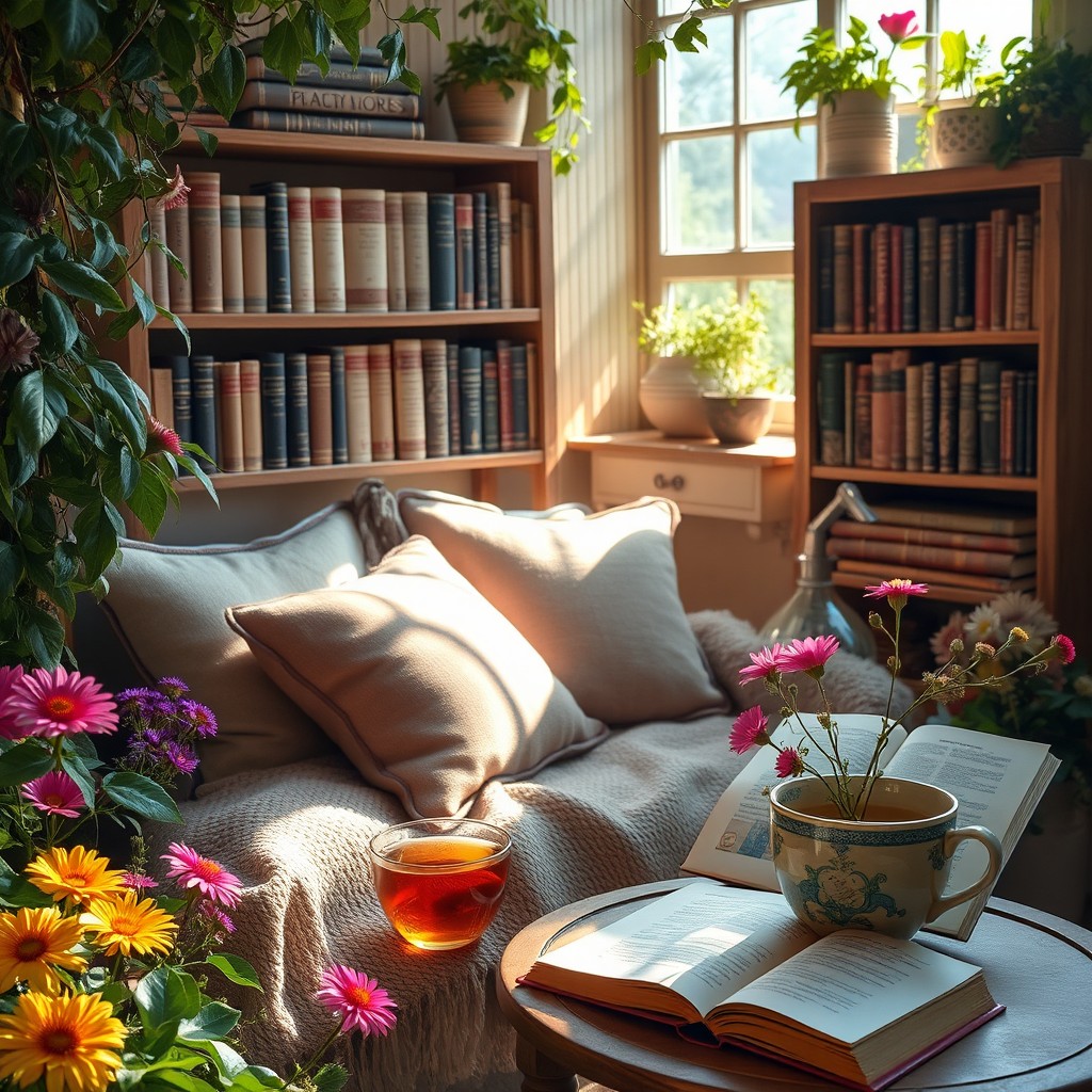 A picturesque and inviting scene designed to embrace the essence of poetry, featuring a small, intimate reading nook adorned with plush pillows and a soft throw blanket