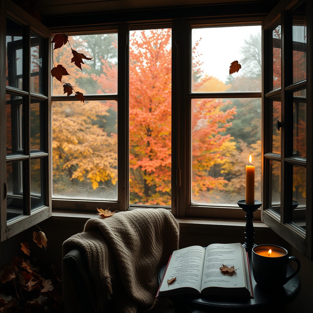 A melancholic yet beautiful autumn scene viewed through a vintage window, showcasing the vibrant colors of fall foliage outside