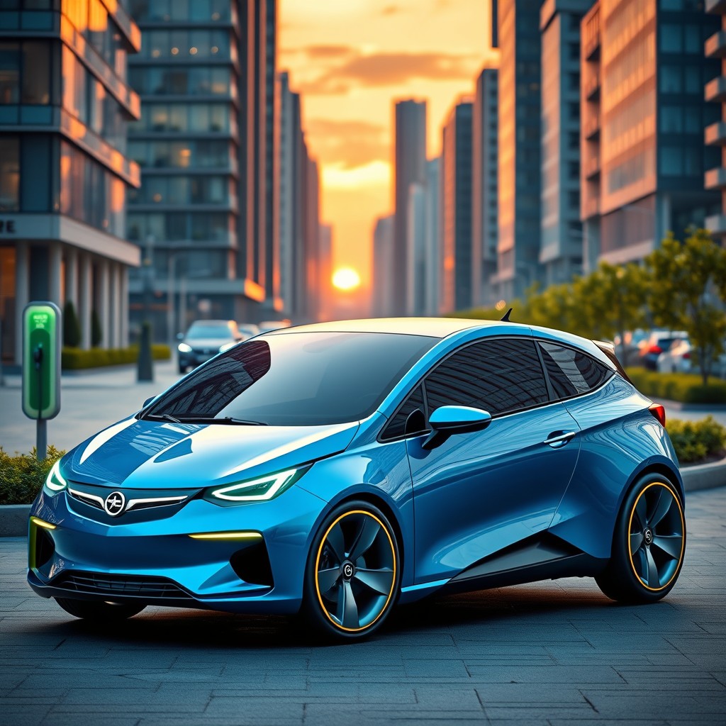 A futuristic 2030 model of an Opel Corsa, designed with sleek, aerodynamic curves and advanced technology features