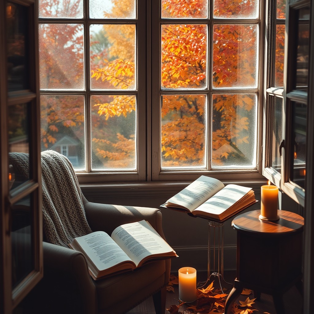 A serene autumn scene viewed through a vintage window, where the golden and red leaves of fall gently sway in the breeze outside