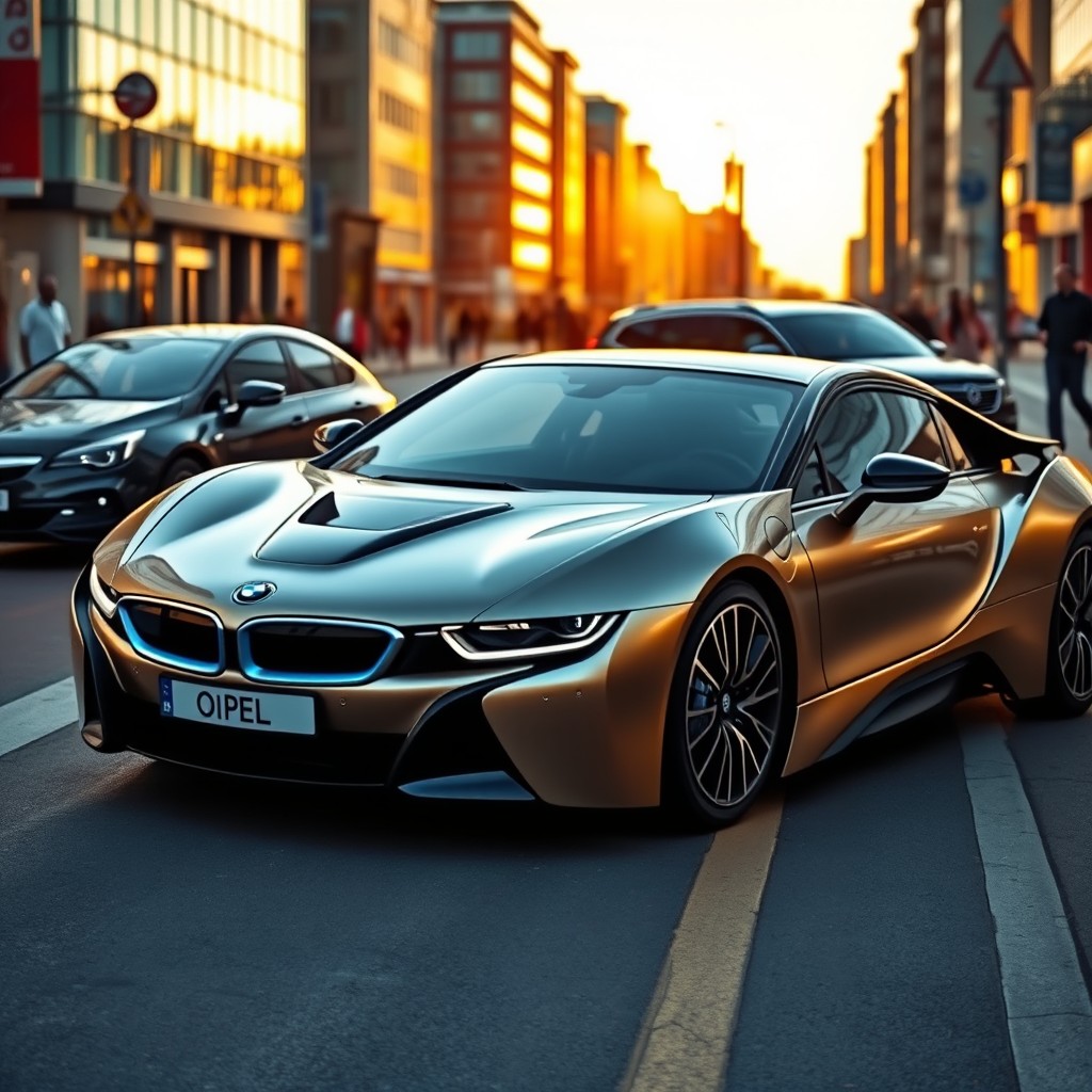 A sleek BMW i8 sports car, showcasing its futuristic and aerodynamic design with smooth lines and a bold stance