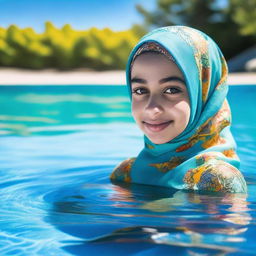 A young girl wearing a hijab, swimming in a vibrant blue pool during a sunny day.