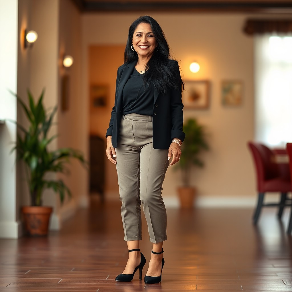 A medium-sized, unathletic yet very attractive 50-year-old Latina mom standing confidently in a full body view