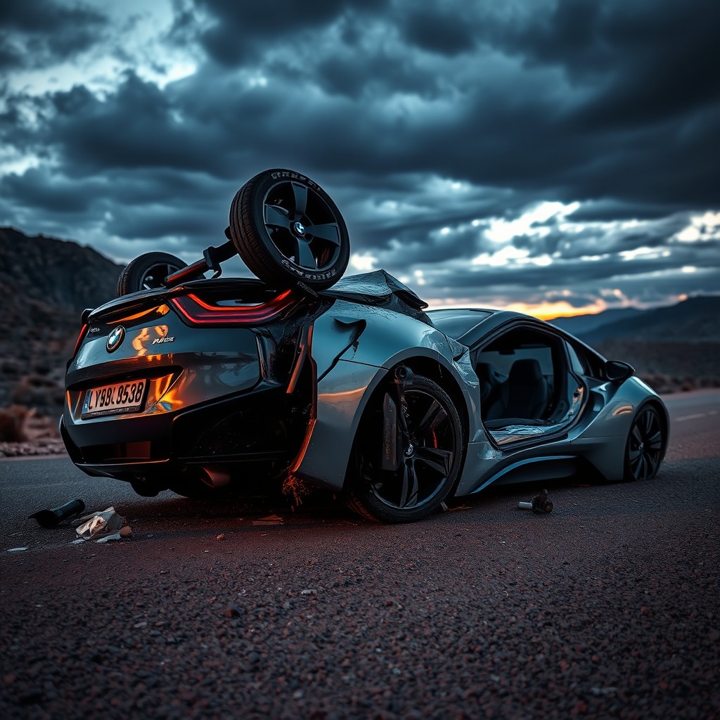 A dramatic scene featuring a crashed BMW i8 sports car, showing the vehicle overturned on a deserted road