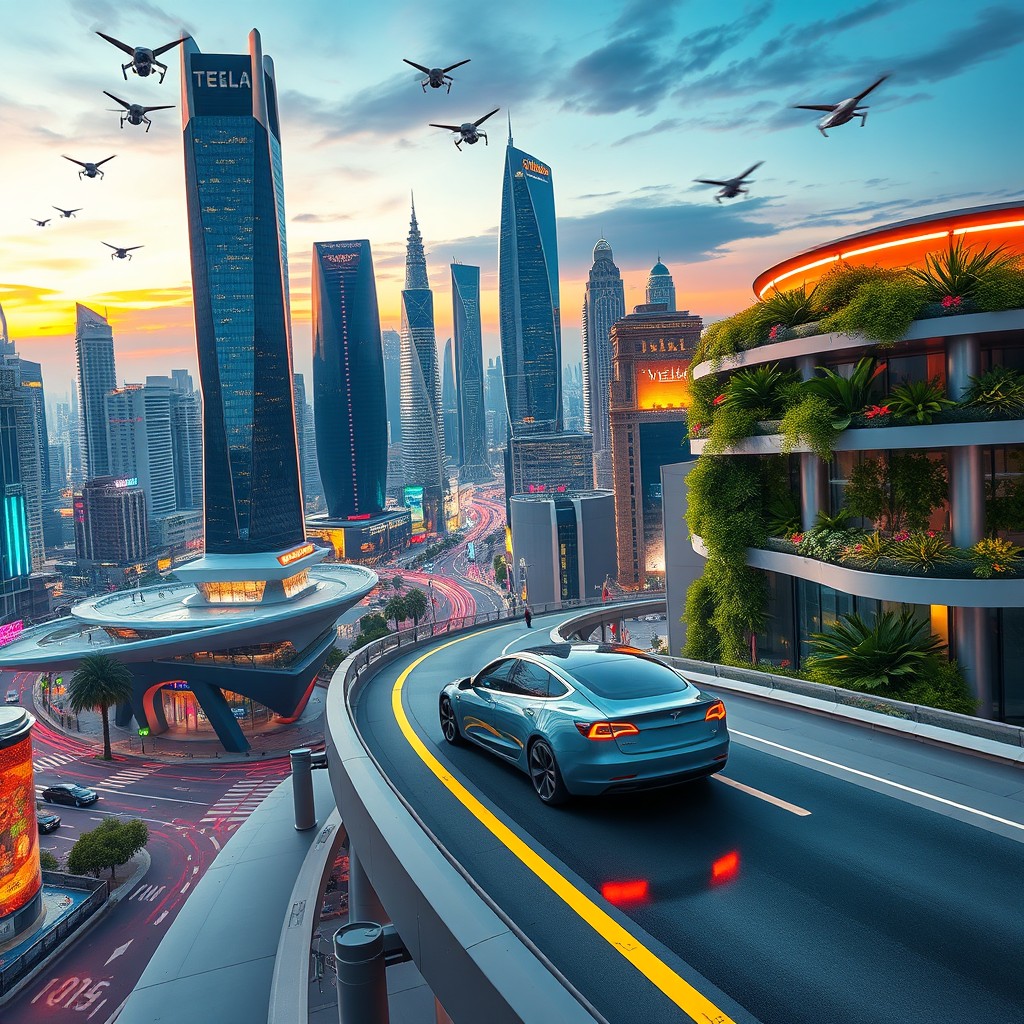 A Tesla Model 3 elegantly navigating through a stunning futuristic cityscape, characterized by sleek skyscrapers, innovative architecture, and vibrant neon lights