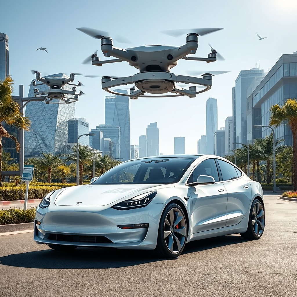 A Tesla Model 3 from the year 2031, featuring an enhanced futuristic design with sleek lines, advanced technology, and innovative features