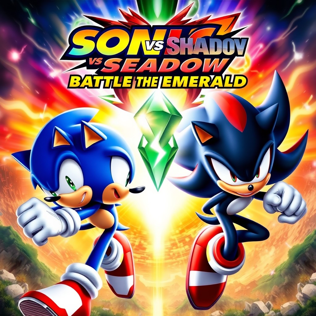An intense and action-packed movie poster featuring Sonic the Hedgehog and Shadow the Hedgehog in a dramatic showdown as they attempt to capture a shimmering Chaos Emerald hovering above them