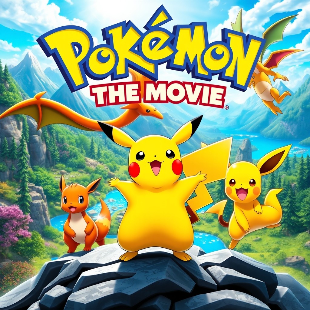 An exciting and colorful movie poster for a Pokémon film, featuring popular Pokémon such as Pikachu, Charizard, and Eevee