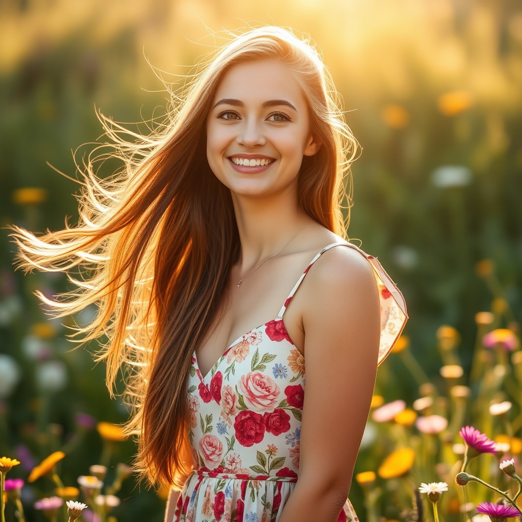 A beautiful young woman with long flowing hair, wearing a stylish floral dress, standing in a sunlit meadow filled with wildflowers