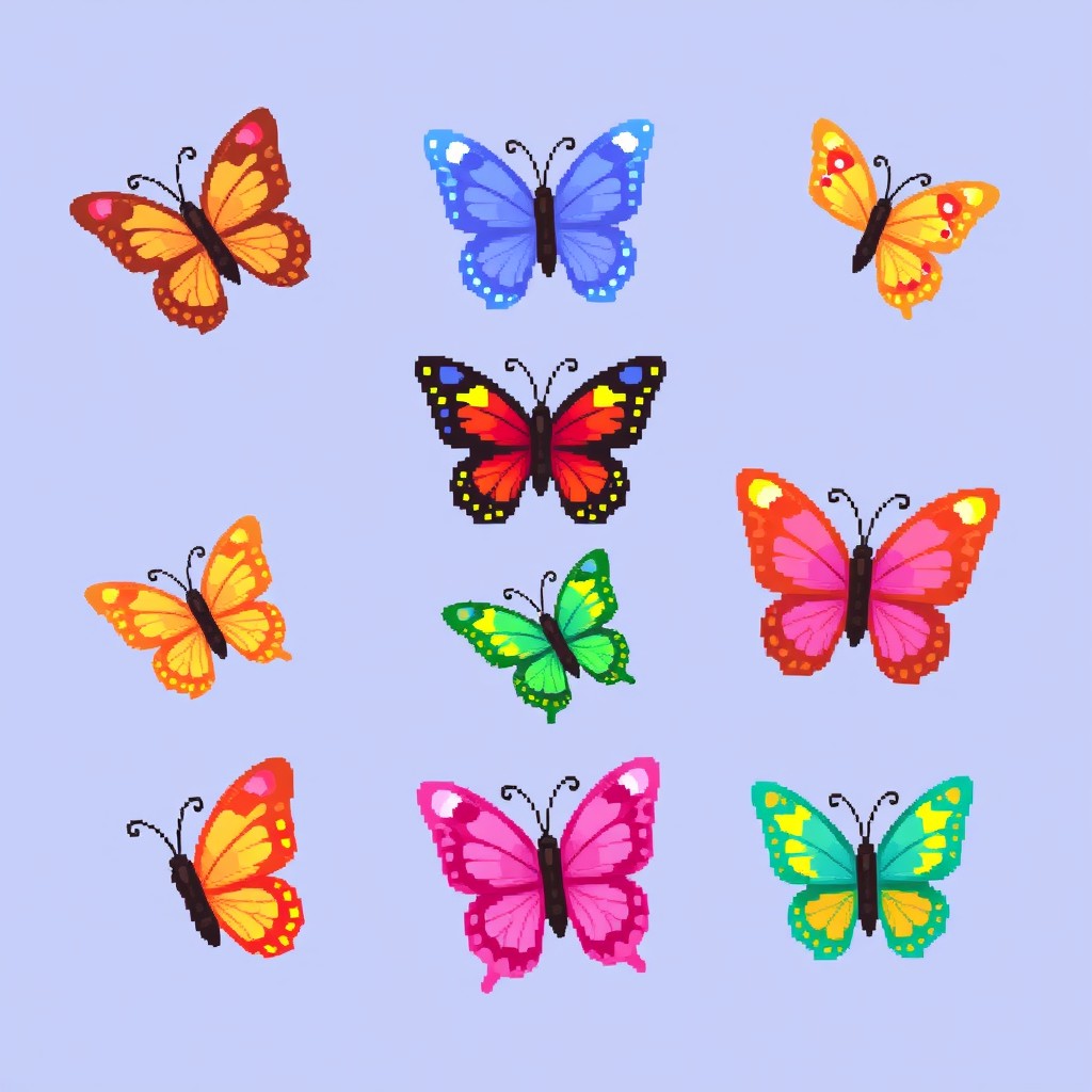 A colorful pixel art spritesheet featuring small butterflies (mariposas pequeñas) in various vibrant colors and poses
