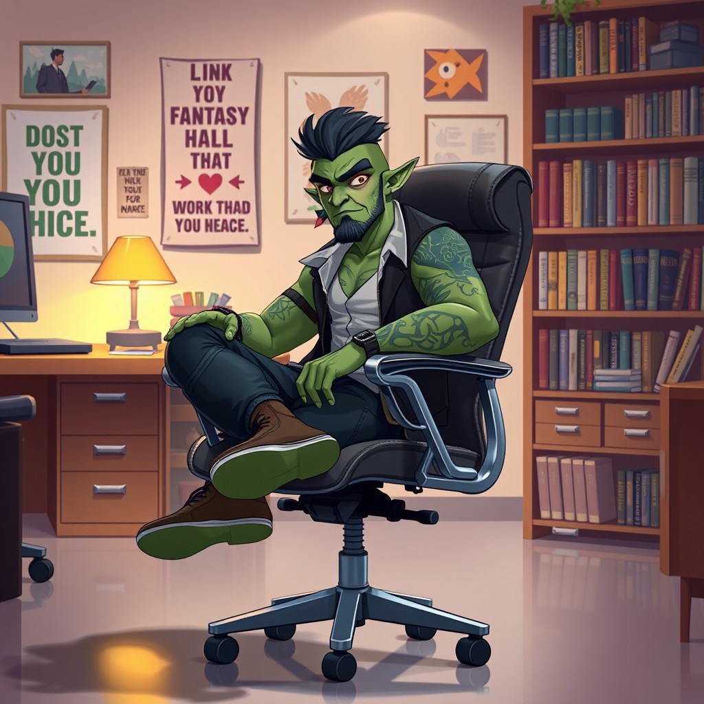 A semi-orc character sitting comfortably in a modern rolling office chair