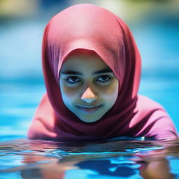 A young girl wearing a hijab, swimming in a vibrant blue pool during a sunny day.