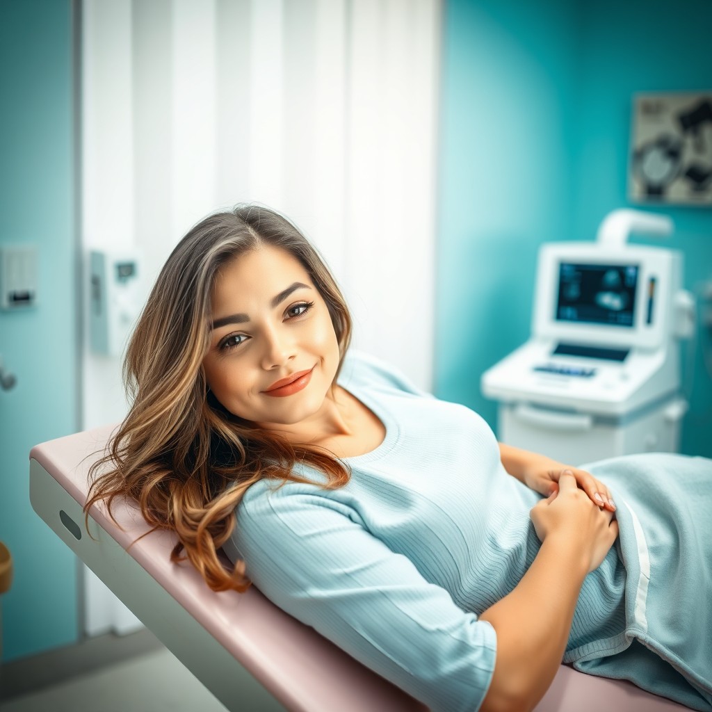 A serene and professional medical environment featuring a beautiful young woman in a gynecological examination room, comfortably resting on an examination table