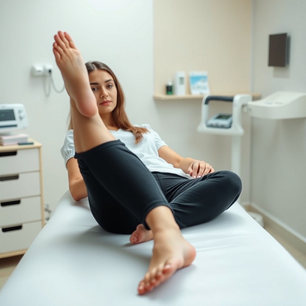 A calm and respectful scene in a gynecological examination room featuring a beautiful young woman lying comfortably on an examination table, her legs positioned in a way that symbolizes trust and openness during a medical examination