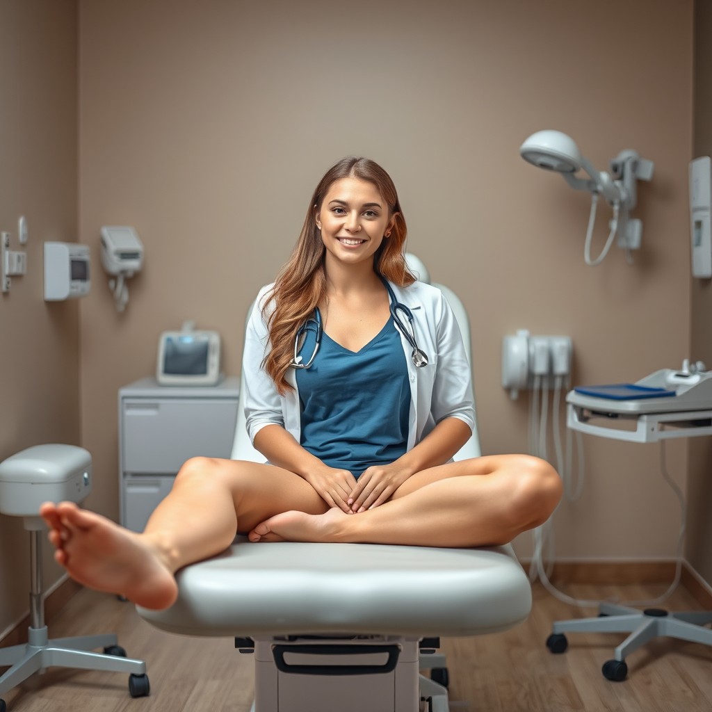 A professional and respectful medical setting depicting a beautiful young woman comfortably situated on a gynecological examination table, her legs positioned wide open for a routine exam
