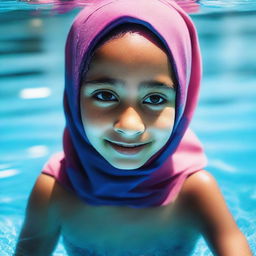 A young girl wearing a hijab, swimming in a vibrant blue pool during a sunny day.