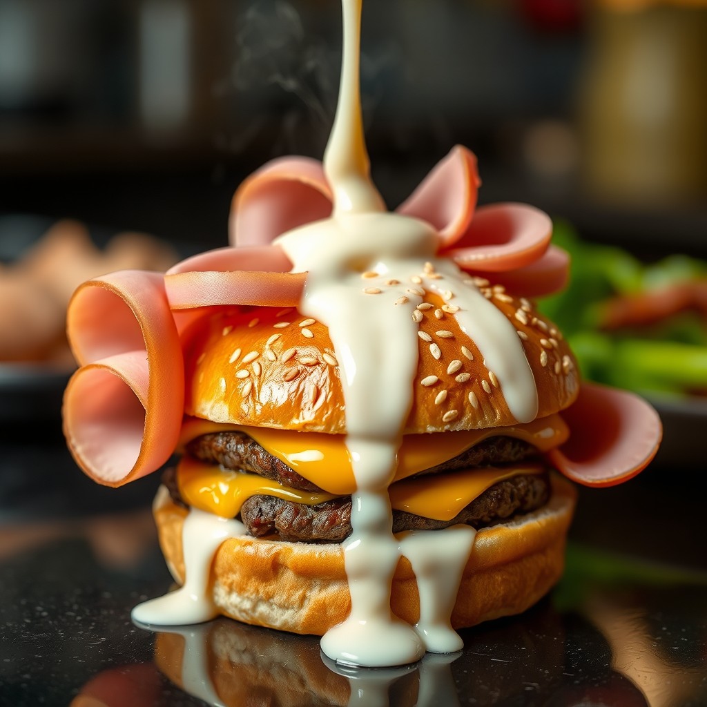 A close-up photo of a mouth-watering gourmet cheeseburger featuring a golden bun topped with toasted sesame seeds