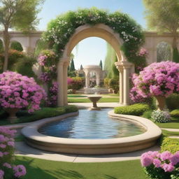 A picturesque garden featuring arches wrapped in blooming flowers, a majestic water fountain in the center and a yarn ball shaped logo hovering above it