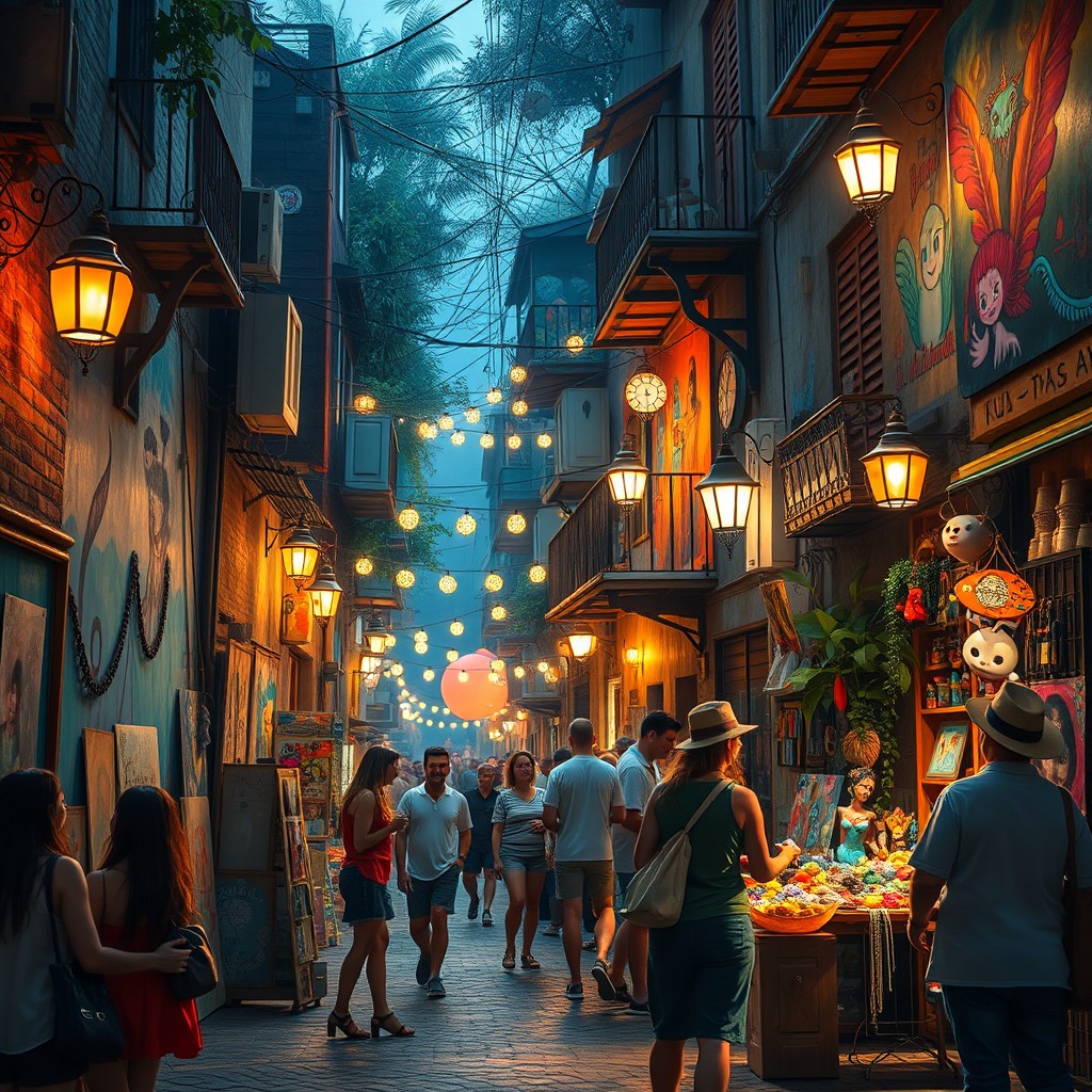 A vibrant street scene in a mystical urban setting, featuring the bustling atmosphere of Rua das Almas