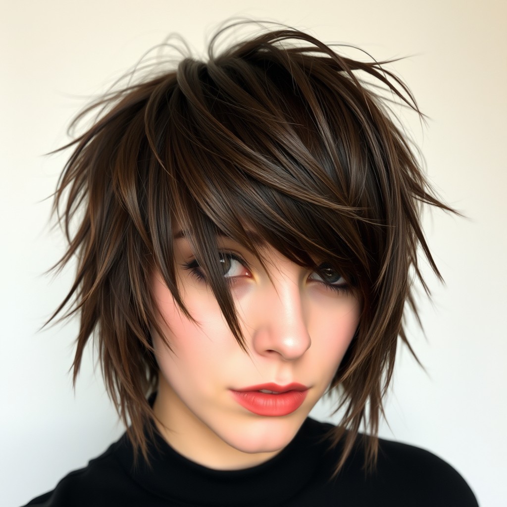 A choppy, layered shag haircut featuring brown hair, styled with a messy and edgy emo or goth aesthetic