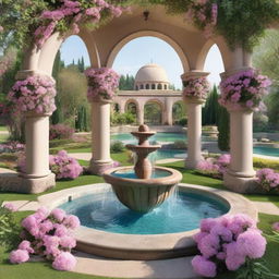 A picturesque garden featuring arches wrapped in blooming flowers, a majestic water fountain in the center and a yarn ball shaped logo hovering above it