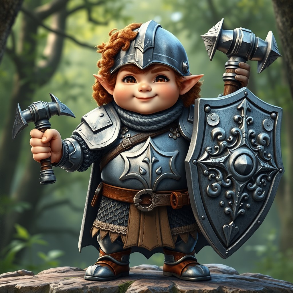 A chubby paladin halfling in a D&D fantasy style, wearing intricate chainmail armor that shines with a silver tint