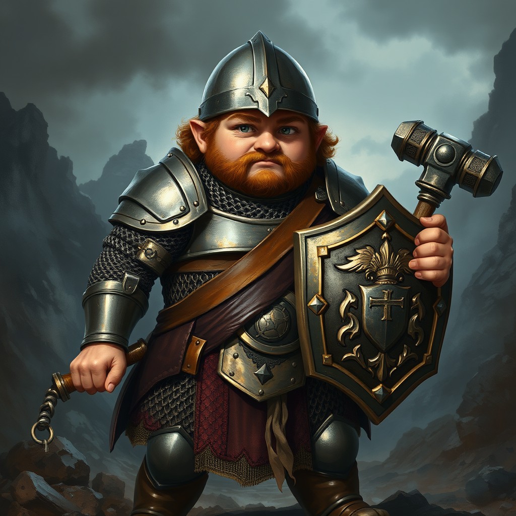 A realistic depiction of a chubby paladin halfling in a D&D fantasy style, wearing detailed chainmail armor that glistens in the light