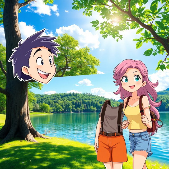 A vibrant and dynamic scene featuring two distinct characters from the second image seamlessly integrated into the first scene