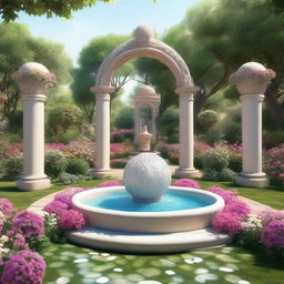 A picturesque garden featuring arches wrapped in blooming flowers, a majestic water fountain in the center and a yarn ball shaped logo hovering above it